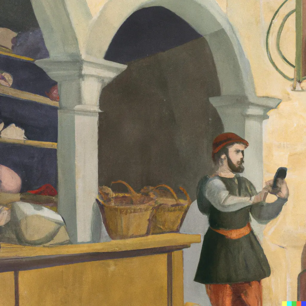 mann som betaler på butikken med sin telefon på 1500-talet
