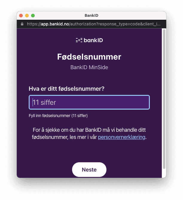 Fyll in fødselsnummer for bankid inloggning