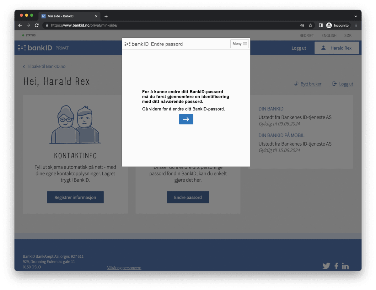 Min BankID bekreftelsepopup ved passordbytte
