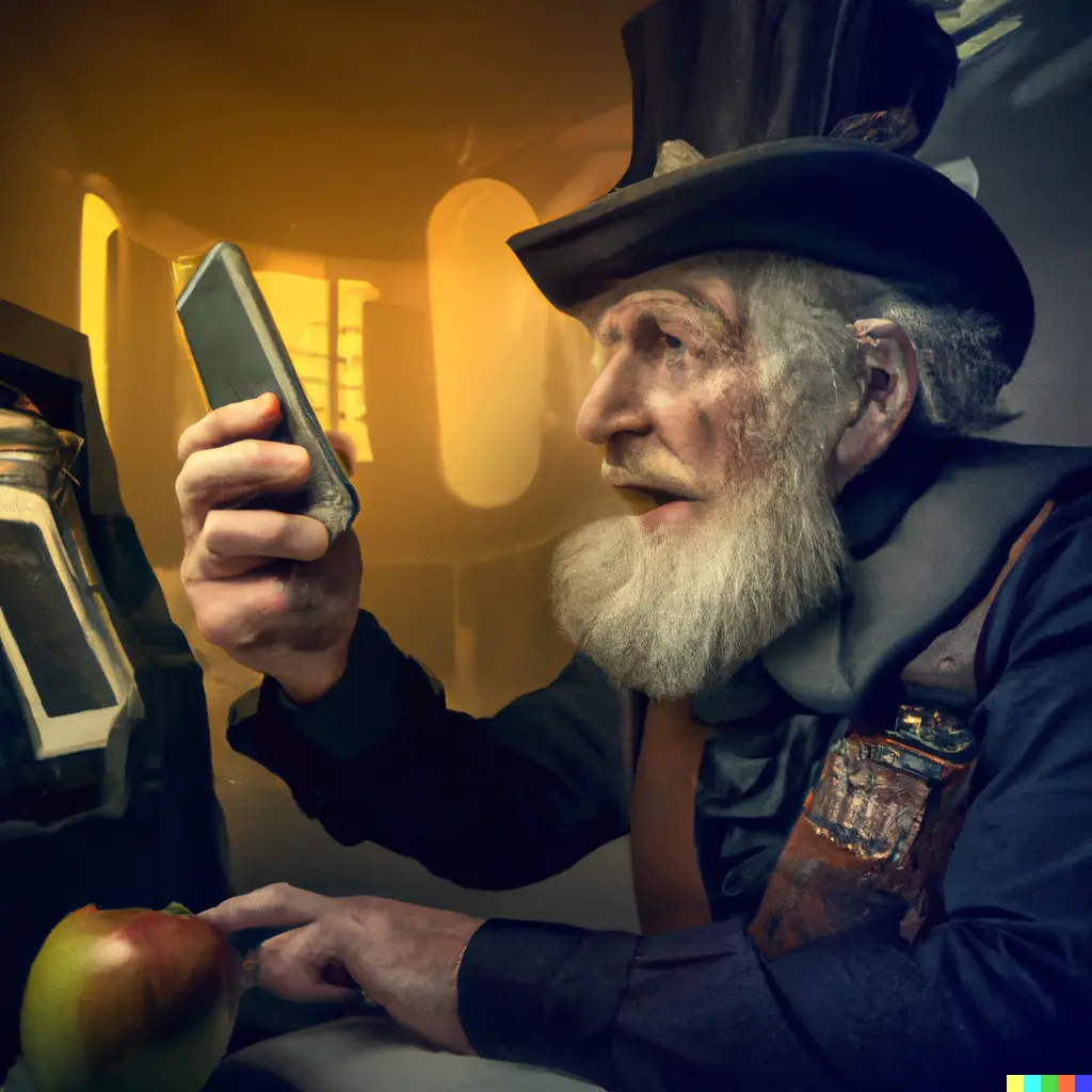 dnb steampunk picture of old person using his phone with apple pay