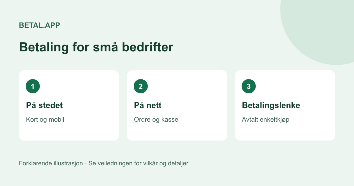 Tre betalingsbehov: betaling på stedet, nettbutikk og betalingslenke.